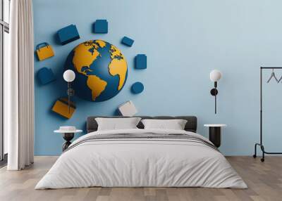 Conceptual image of a globe surrounded by e-commerce icons, representing global dropshipping network, [global business], [international commerce] Wall mural